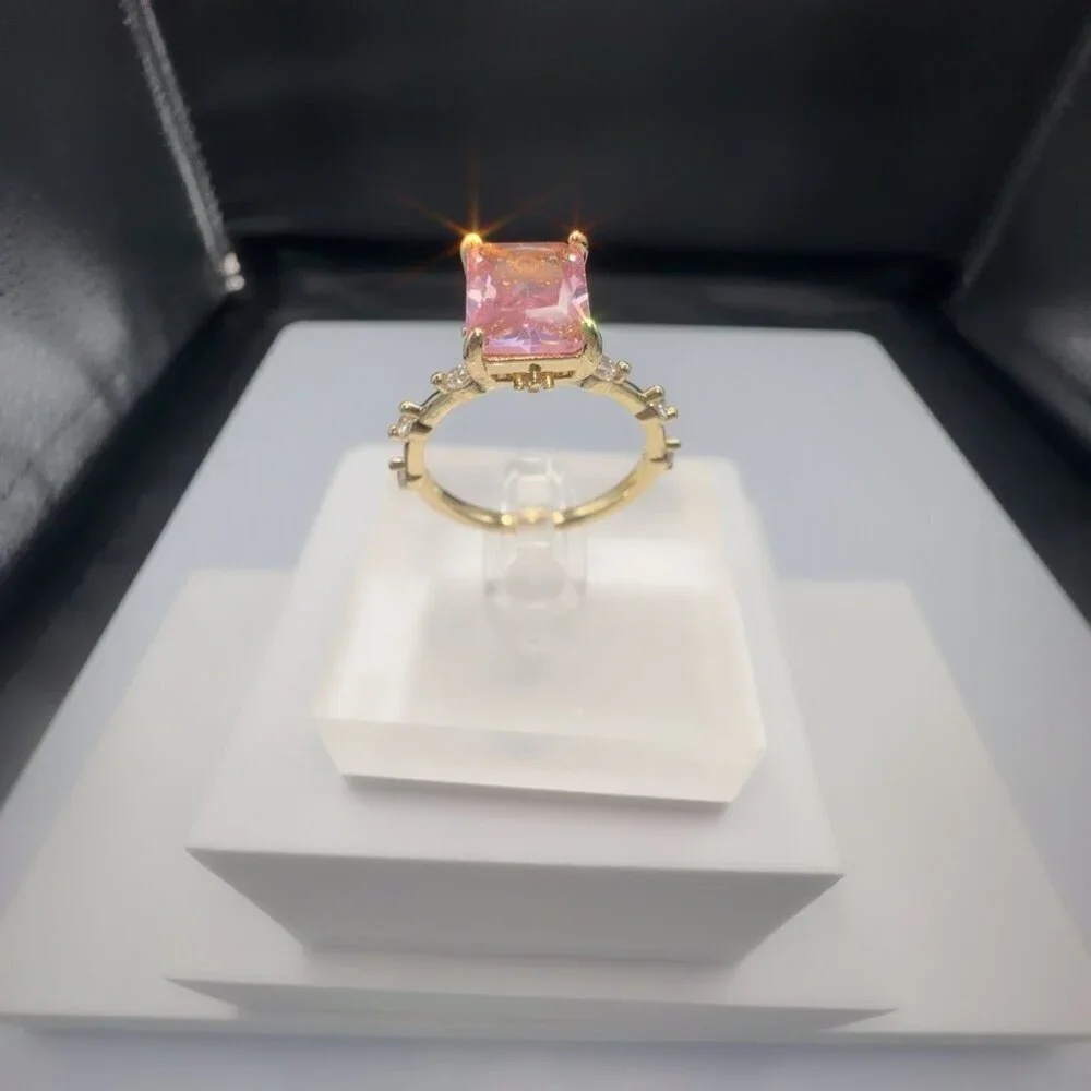 Pink Radiant-Cut Gemstone Ring With Gold-Plated Brass Band & Micro Insert Inlay
